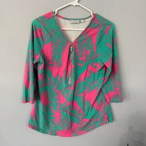 Belle Kim Gravel Green & Pink Zipper Neckline Top Size Small 3/4 Sleeves